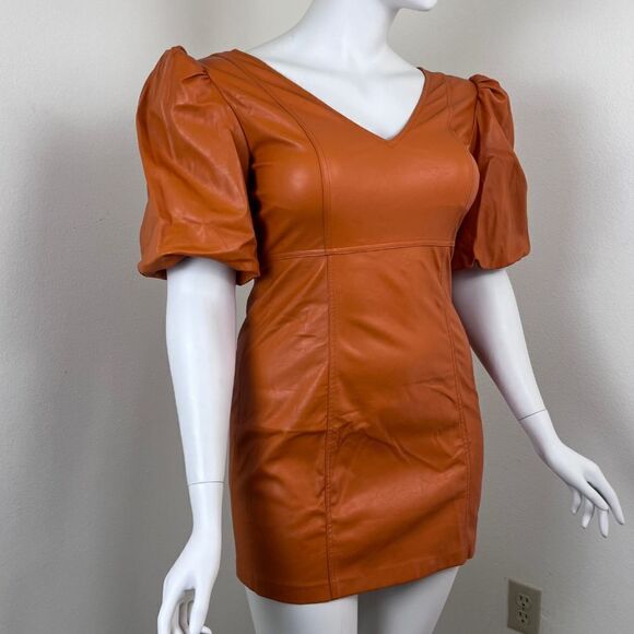 Lulus Play a Tune Size L Rust Orange Vegan Leather Puff Sleeve Mini Party Dress - Picture 10 of 12